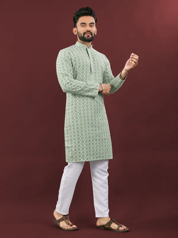 Mint_Green_Polyester_Printed_Kurta_For_Men