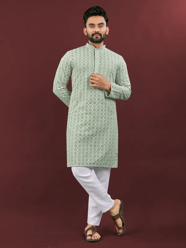 Mint_Green_Polyester_Printed_Kurta_For_Men