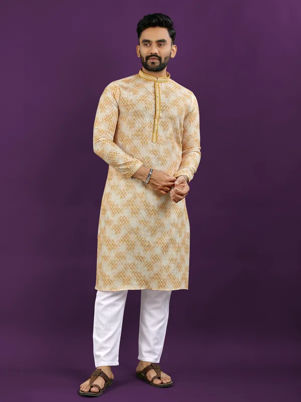 Yellow_And_Cream_Polyester_Printed_Kurta_For_Men