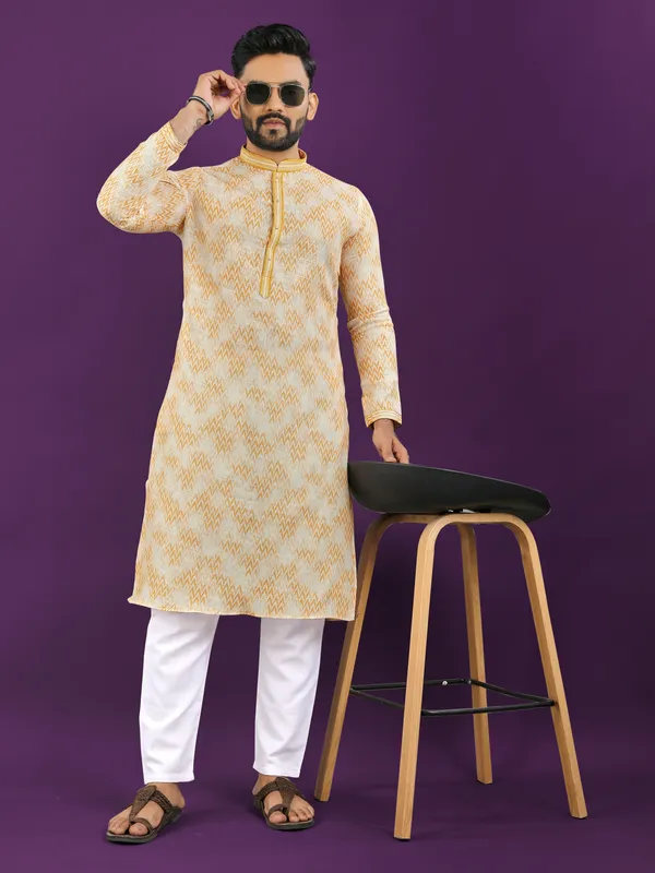Yellow_And_Cream_Polyester_Printed_Kurta_For_Men