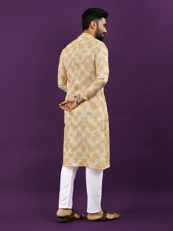 Yellow_And_Cream_Polyester_Printed_Kurta_For_Men
