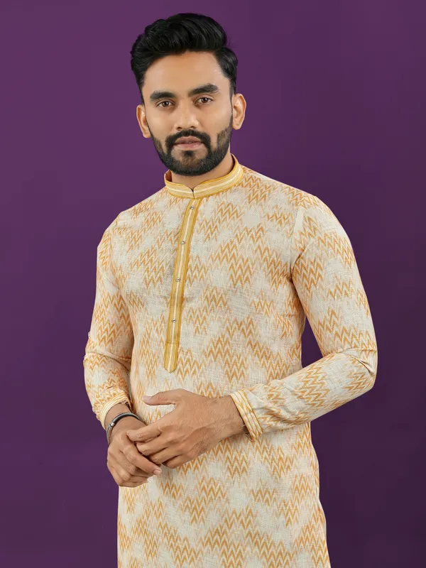 Yellow_And_Cream_Polyester_Printed_Kurta_For_Men