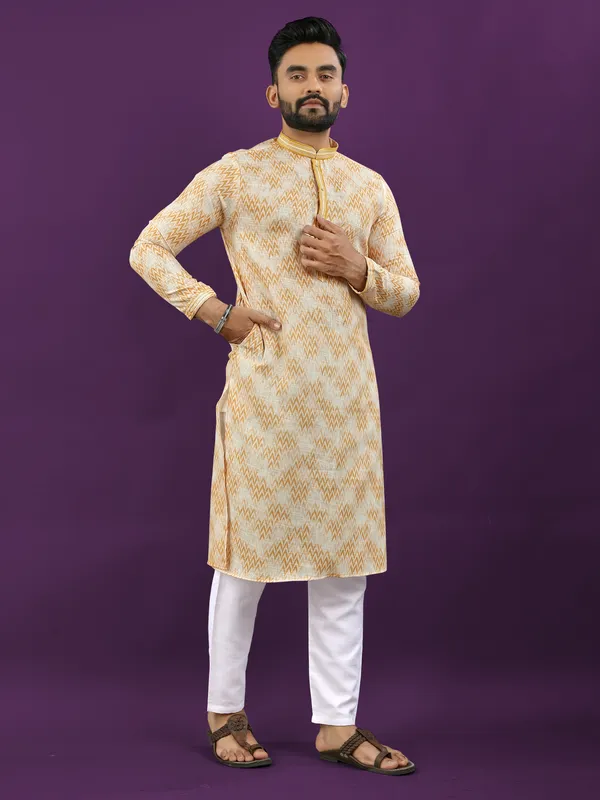 Yellow_And_Cream_Polyester_Printed_Kurta_For_Men