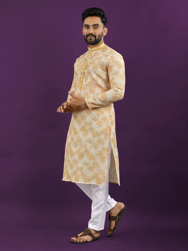 Yellow_And_Cream_Polyester_Printed_Kurta_For_Men