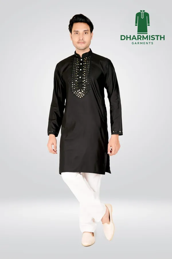 Black_Polyester_Embroidered_Hand_work_Mandarin_Collar_Thread_Work_Pathani_Kurta_For_Men