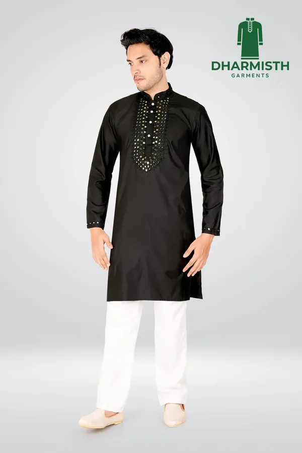Black_Polyester_Embroidered_Hand_work_Mandarin_Collar_Thread_Work_Pathani_Kurta_For_Men