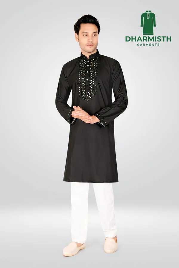 Black_Polyester_Embroidered_Hand_work_Mandarin_Collar_Thread_Work_Pathani_Kurta_For_Men