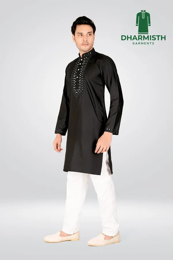 Black_Polyester_Embroidered_Hand_work_Mandarin_Collar_Thread_Work_Pathani_Kurta_For_Men