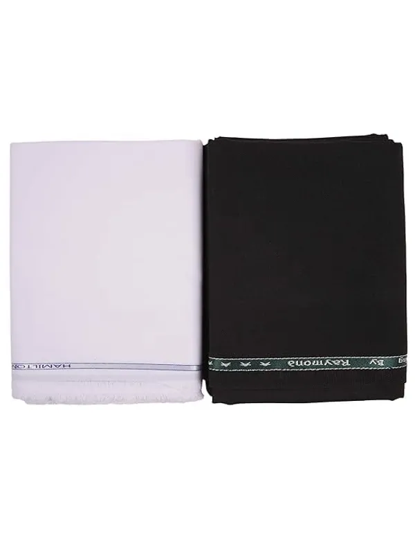 White_And_Black_Cotton_Unstitched_Shirt_And_Trouser_Fabric_Set_For_Mens