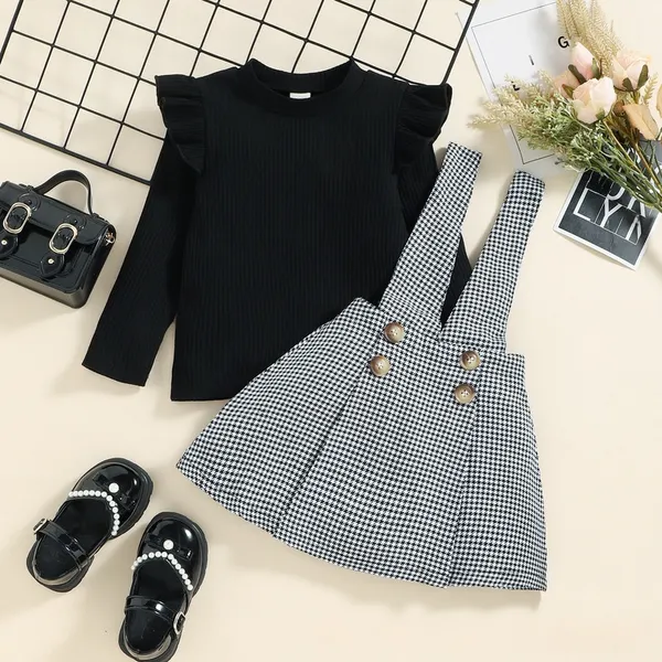 Black_Pure_Cotton_Ribbed_Top_With_Houndstooth_Suspender_Skirt_Set_For_Girls