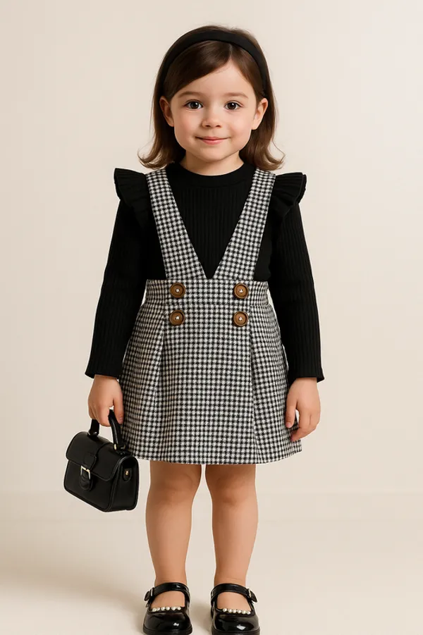 Black_Pure_Cotton_Ribbed_Top_With_Houndstooth_Suspender_Skirt_Set_For_Girls