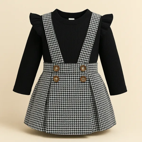 Black_Pure_Cotton_Ribbed_Top_With_Houndstooth_Suspender_Skirt_Set_For_Girls