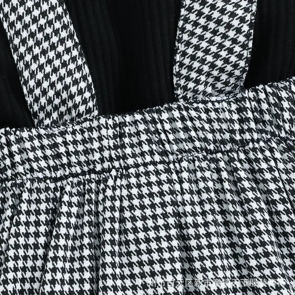 Black_Pure_Cotton_Ribbed_Top_With_Houndstooth_Suspender_Skirt_Set_For_Girls