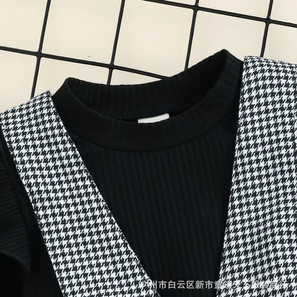 Black_Pure_Cotton_Ribbed_Top_With_Houndstooth_Suspender_Skirt_Set_For_Girls