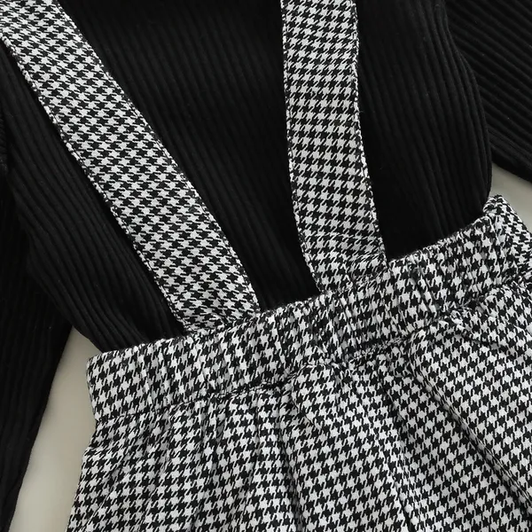 Black_Pure_Cotton_Ribbed_Top_With_Houndstooth_Suspender_Skirt_Set_For_Girls