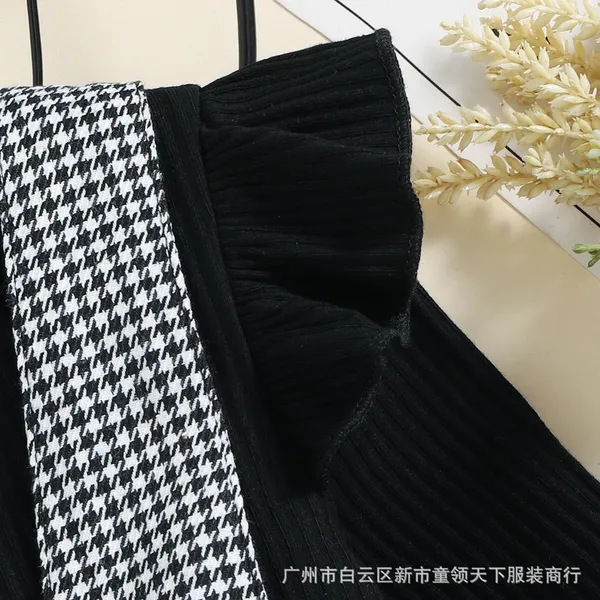 Black_Pure_Cotton_Ribbed_Top_With_Houndstooth_Suspender_Skirt_Set_For_Girls