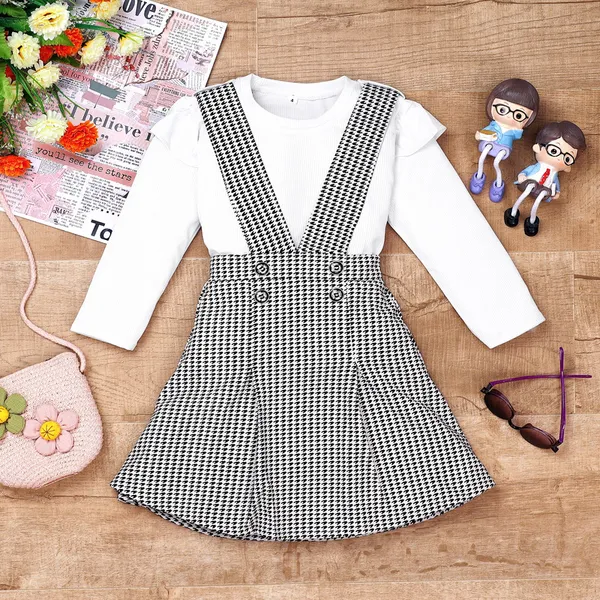 White_Pure_Cotton_Ribbed_Top_With_Houndstooth_Suspender_Skirt_Set_For_Girls