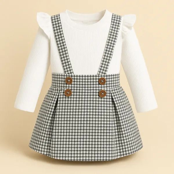 White_Pure_Cotton_Ribbed_Top_With_Houndstooth_Suspender_Skirt_Set_For_Girls