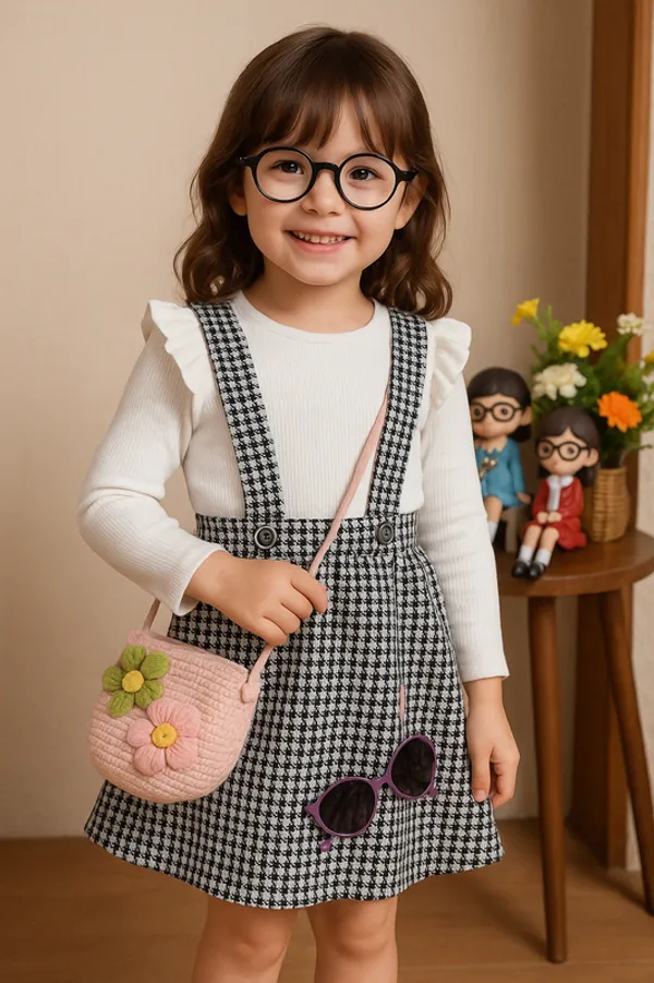 White_Pure_Cotton_Ribbed_Top_With_Houndstooth_Suspender_Skirt_Set_For_Girls