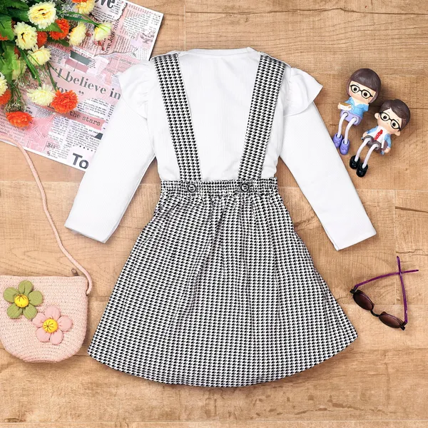 White_Pure_Cotton_Ribbed_Top_With_Houndstooth_Suspender_Skirt_Set_For_Girls
