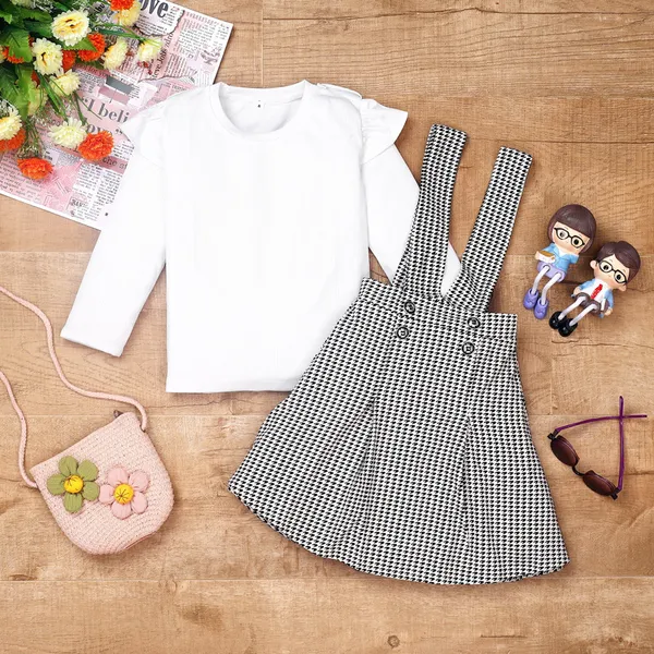 White_Pure_Cotton_Ribbed_Top_With_Houndstooth_Suspender_Skirt_Set_For_Girls