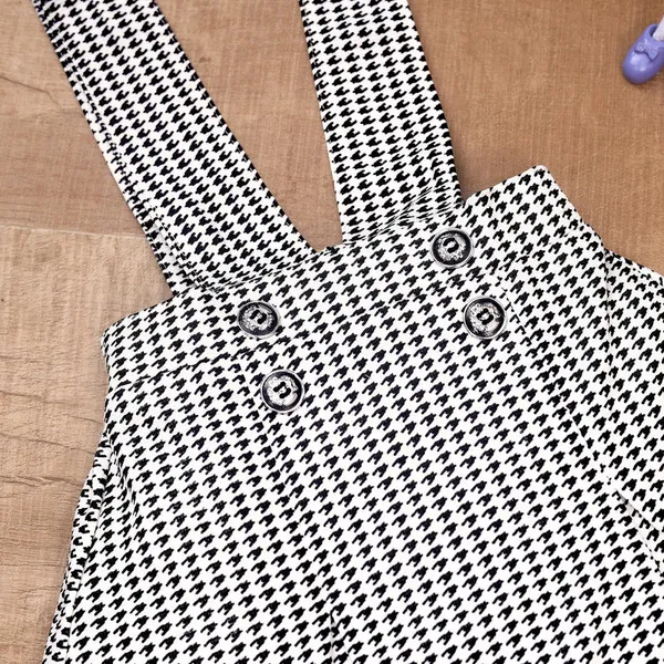 White_Pure_Cotton_Ribbed_Top_With_Houndstooth_Suspender_Skirt_Set_For_Girls
