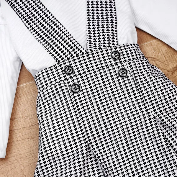 White_Pure_Cotton_Ribbed_Top_With_Houndstooth_Suspender_Skirt_Set_For_Girls