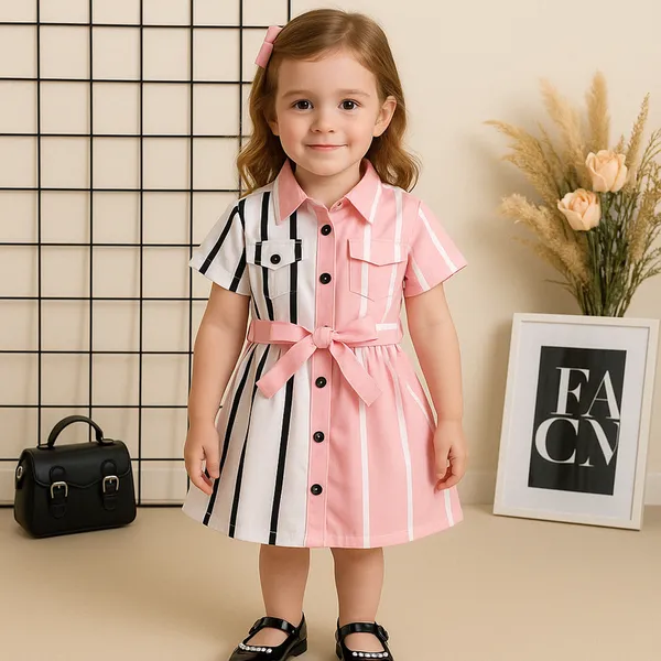 Pink_&_White_Striped_Shirt_Dress_With_Waist_Tie_For_Girls