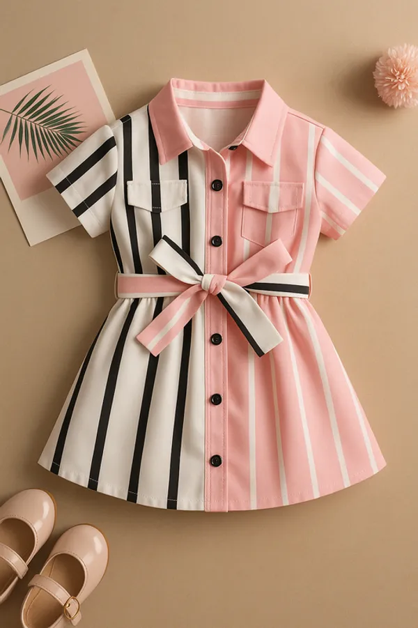 Pink_&_White_Striped_Shirt_Dress_With_Waist_Tie_For_Girls