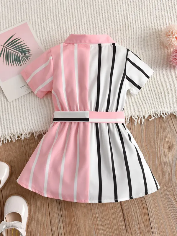 Pink_&_White_Striped_Shirt_Dress_With_Waist_Tie_For_Girls