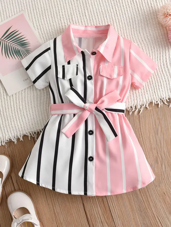 Pink_&_White_Striped_Shirt_Dress_With_Waist_Tie_For_Girls