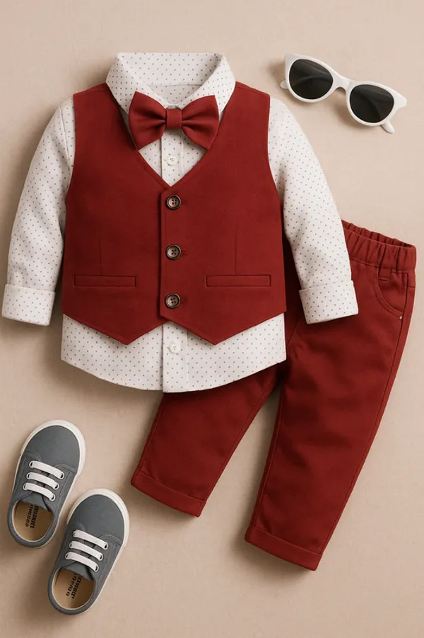 Maroon_Pure_Cotton_Exclusive_Clothing_3-Piece_Partywear_Suit_Shirt,_Waistcoat_&_Bow_Tie_Set_For_Boys