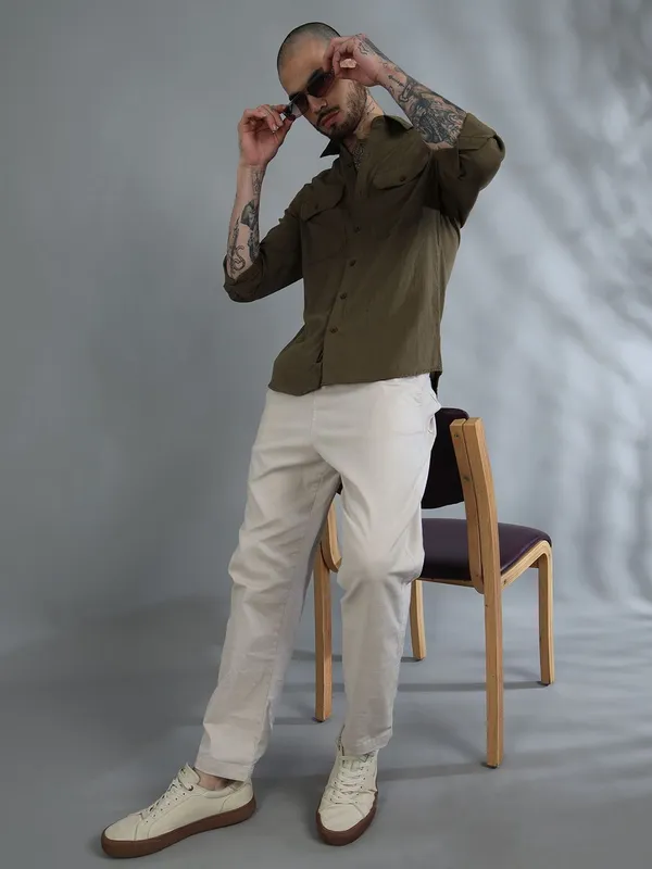 Miami_Olive_Green_Cotton_Solid_Shirt_For_Men