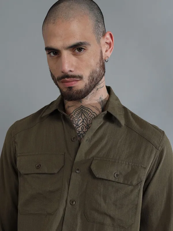 Miami_Olive_Green_Cotton_Solid_Shirt_For_Men