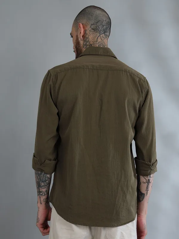 Miami_Olive_Green_Cotton_Solid_Shirt_For_Men