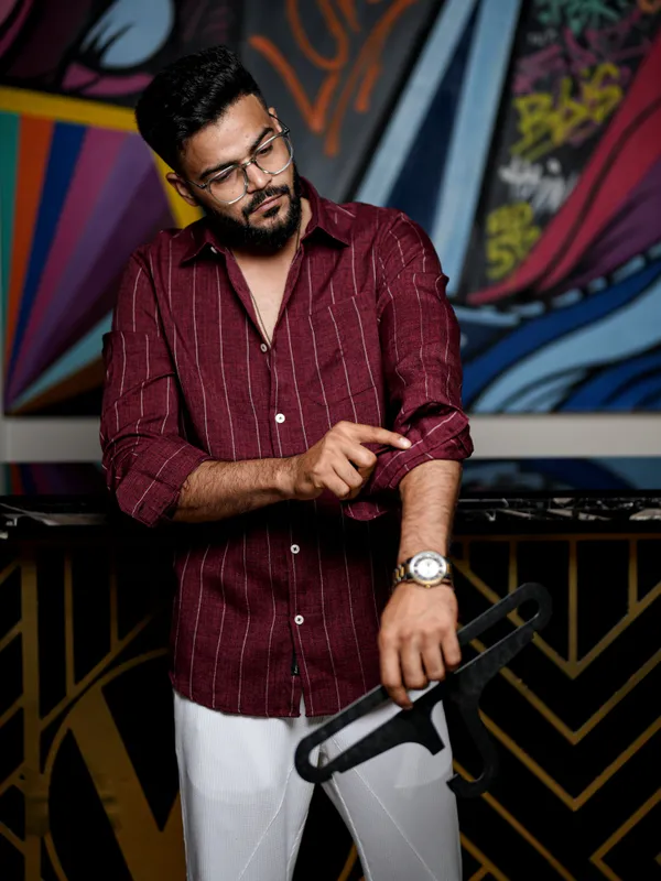 Dunkirk_Maroon_Cotton_Striped_Shirt_For_Men