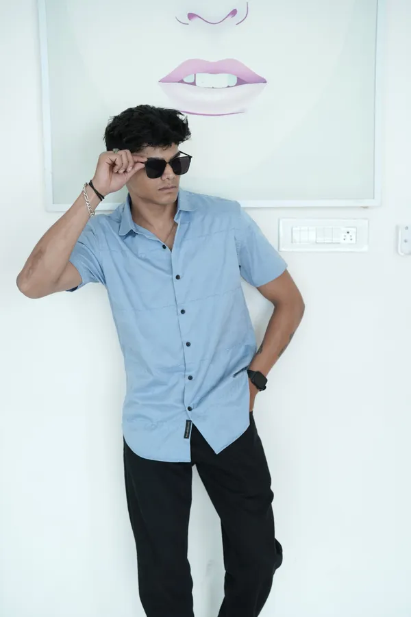 Greenland_Grey_Blue_Textured_Cotton_Solid_Shirt_For_Men