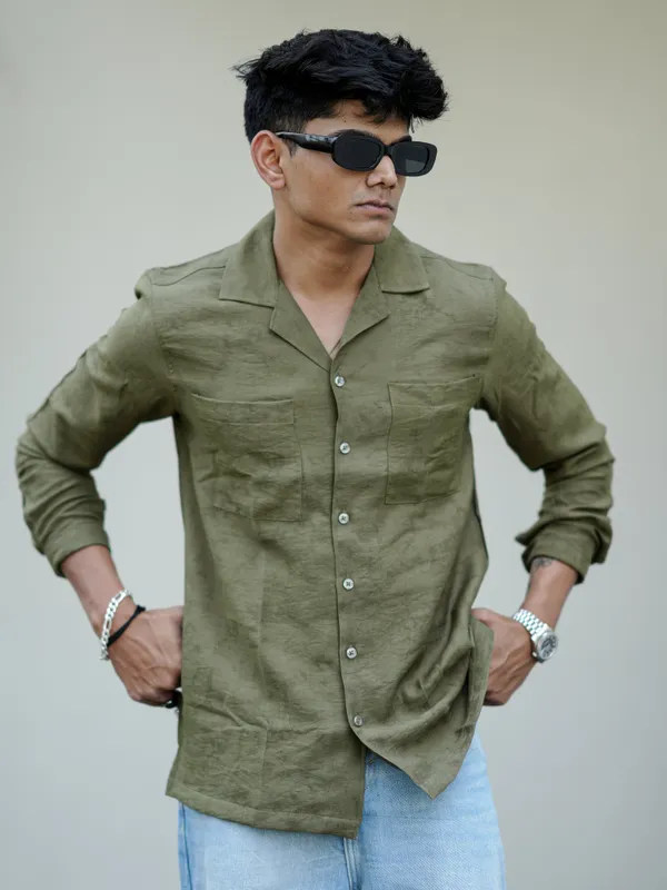 Saudi_Olive_Cotton_Solid_Shirt_For_Men