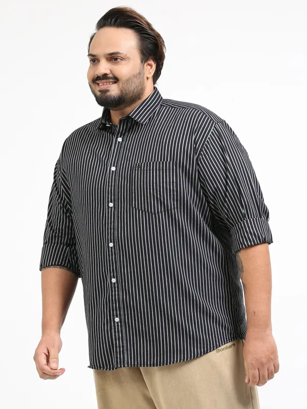 Gandia_Black_Cotton_Plus_Size_Striped_Shirt_For_Men