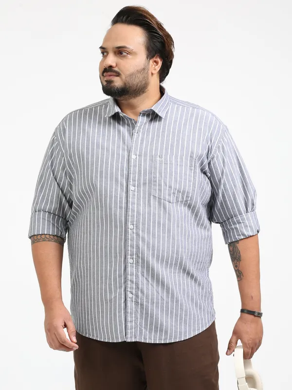 Gandia_Grey_Cotton_Plus_Size_Striped_Shirt_For_Men