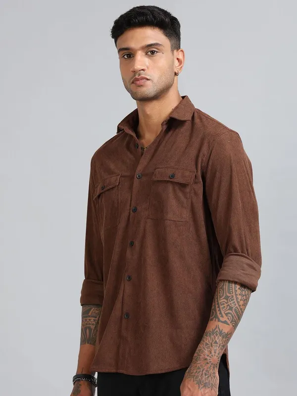 Basel_Brown_Corduroy_Double_Pocket_Shirt_For_Men