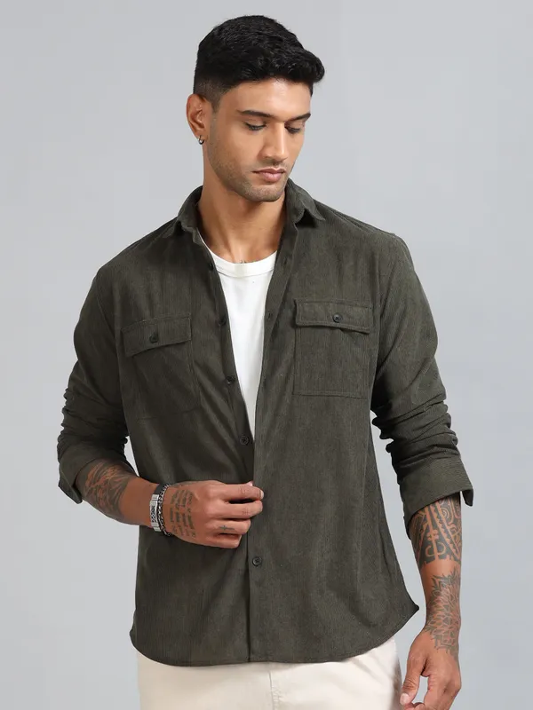 Basel_Fuscous_Grey_Corduroy_Double_Pocket_Shirt_For_Men