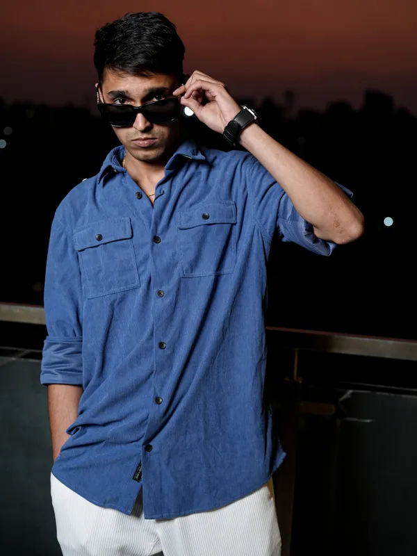 Basel_Blue_Corduroy_Double_Pocket_Shirt_For_Men