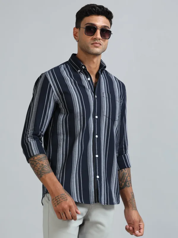 Gandia_Navy_Cotton_Plus_Size_Striped_Shirt_For_Men