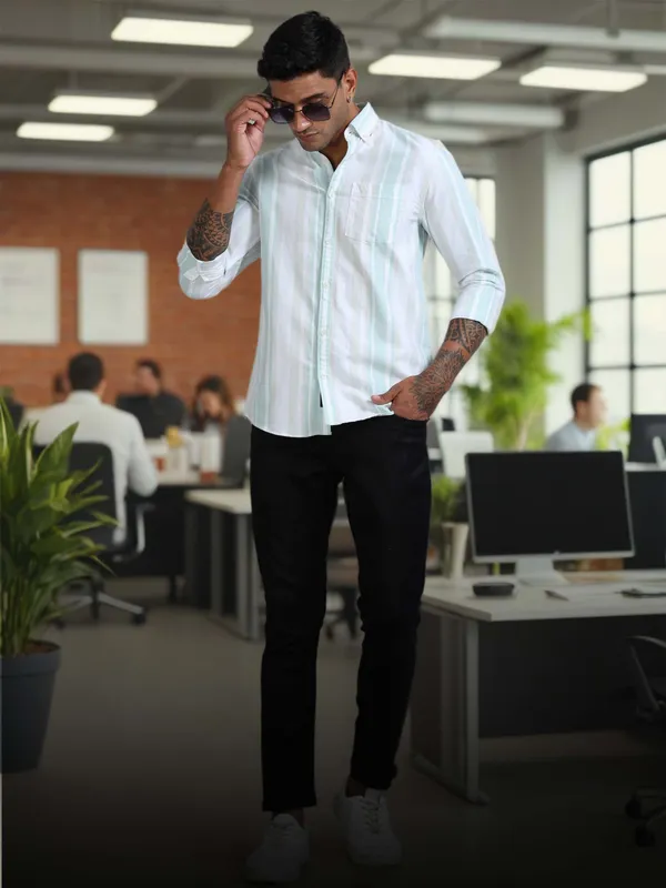 Gandia_Aqua_Blue_Cotton_Plus_Size_Striped_Shirt_For_Men