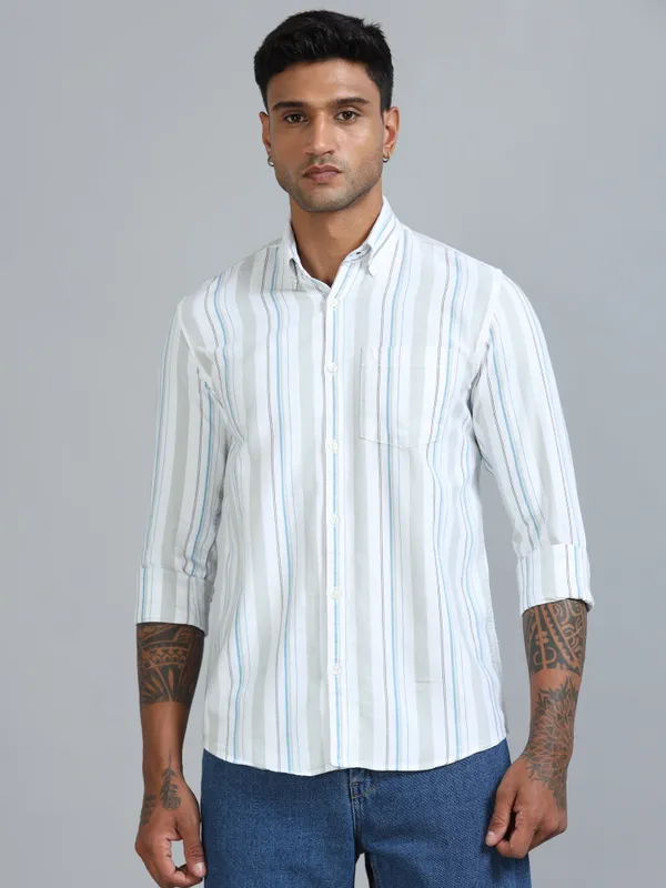 Gandia_Mint_Cream_Cotton_Plus_Size_Striped_Shirt_For_Men