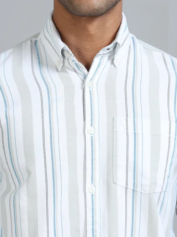 Gandia_Mint_Cream_Cotton_Plus_Size_Striped_Shirt_For_Men