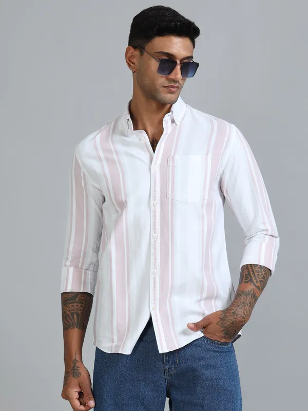 Gandia_White_&_Pink_Cotton_Plus_Size_Striped_Shirt_For_Men