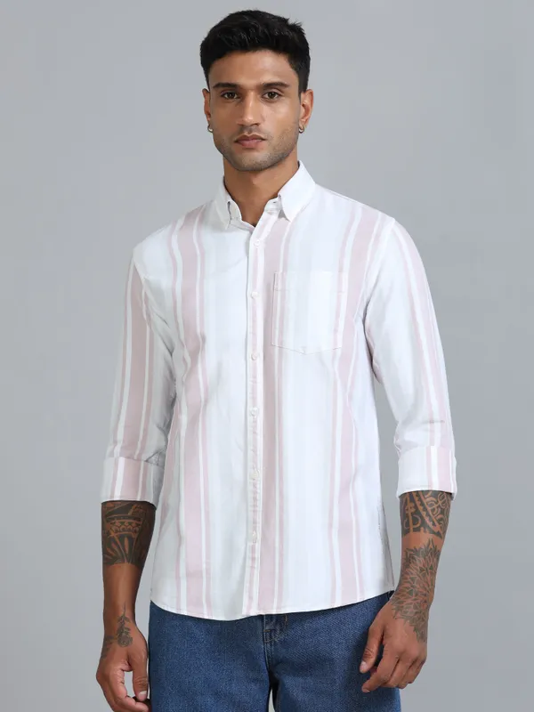 Gandia_White_&_Pink_Cotton_Plus_Size_Striped_Shirt_For_Men