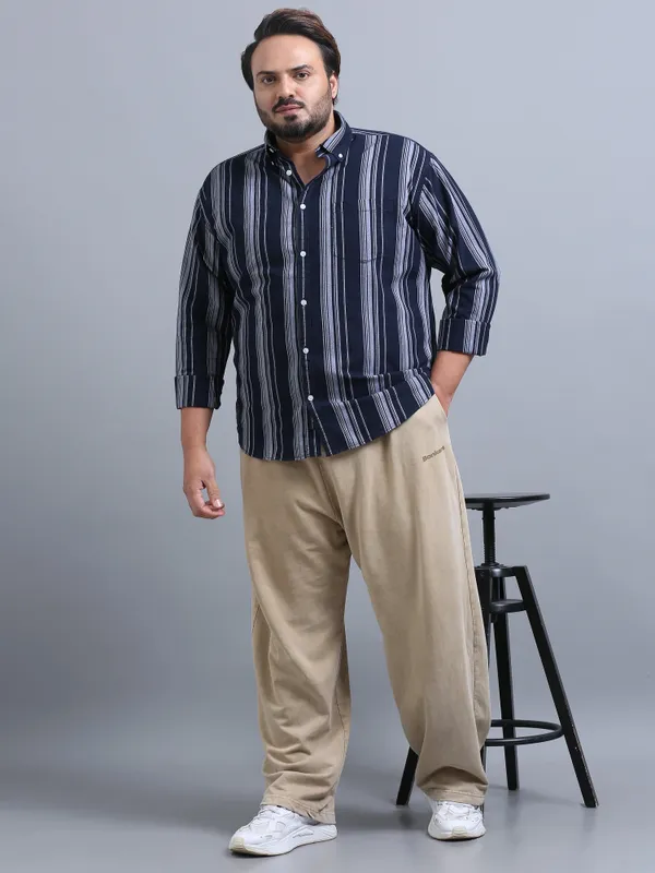 Gandia_Navy_&_White_Cotton_Plus_Size_Striped_Shirt_For_Men